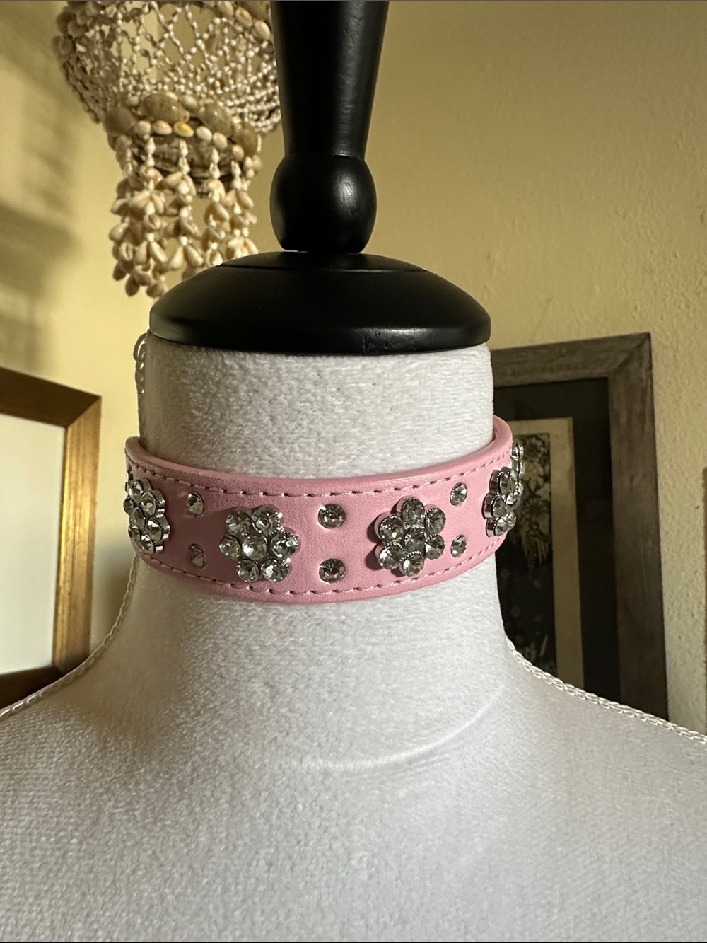 Pink Crystal Flower Leather Dog Collar